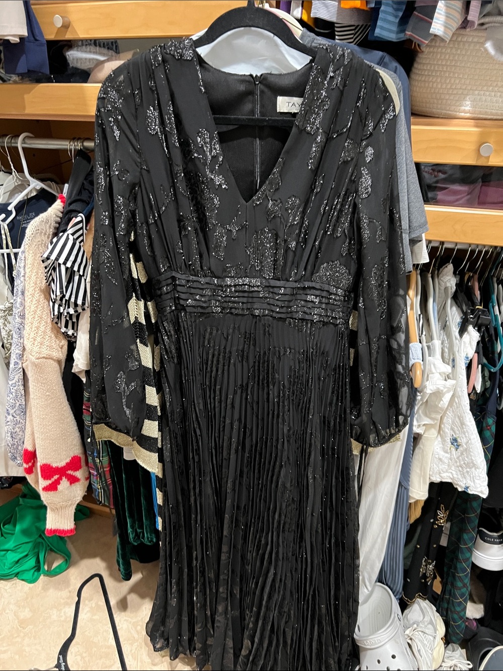 Taylor Black Sequin-Embellished V-Neck Long Sleeve Pleated Dress